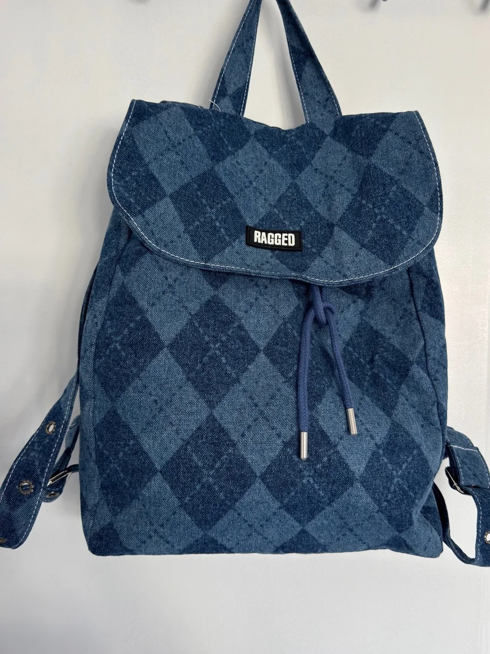 RAGGED Blue Diamond-Pattern Drawstring Backpack